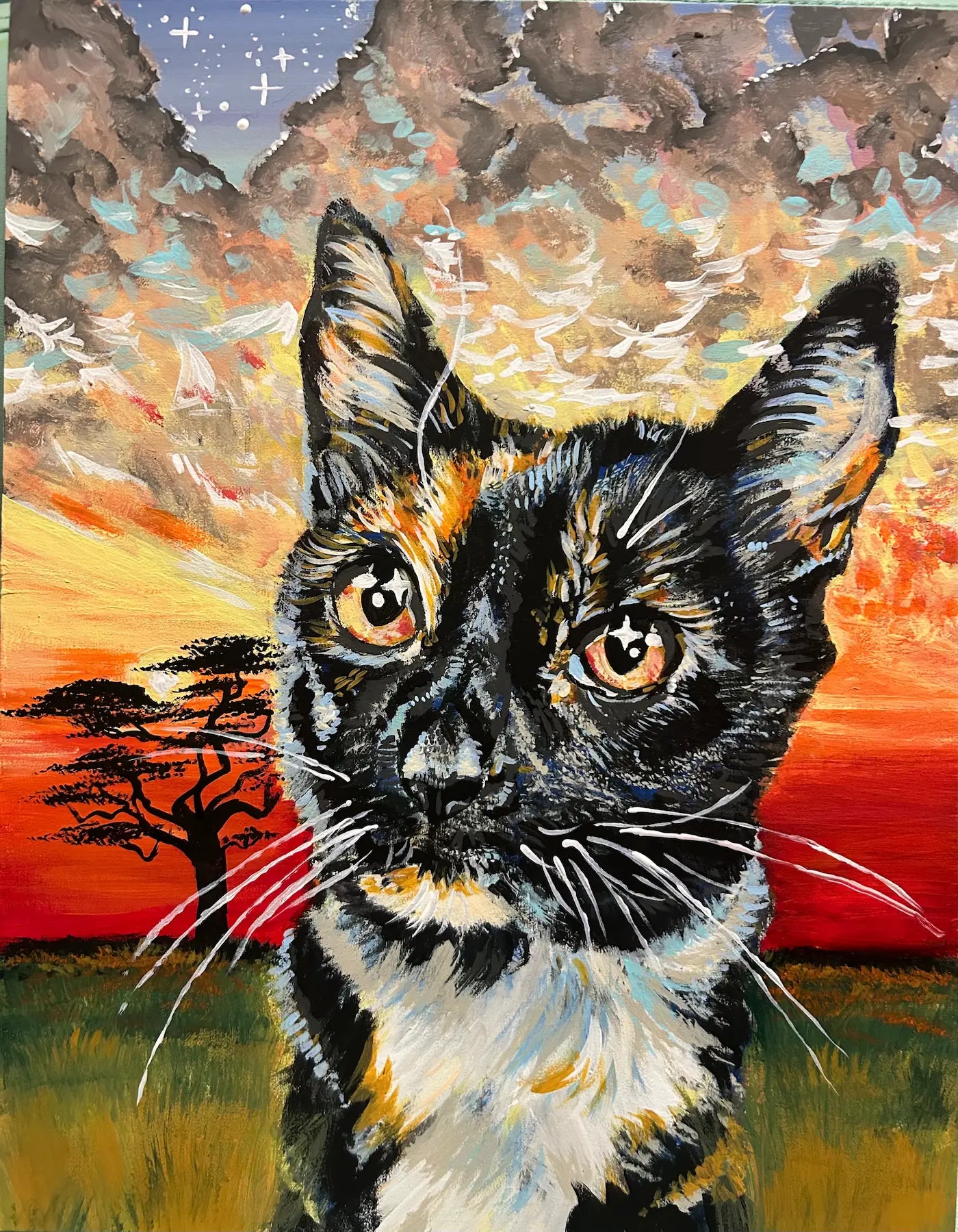 Painted pet portrait of a tortoiseshell cat with an african safari sunset landscape