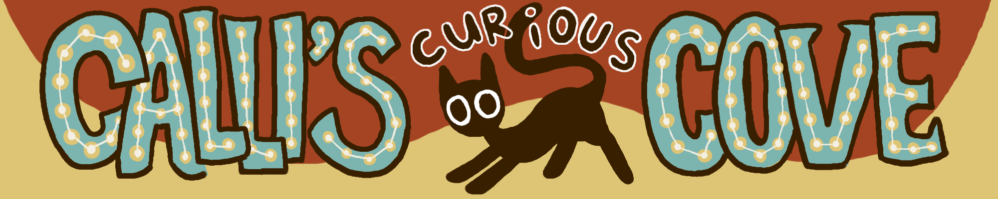 Logo for Calli's Curious Cove with Silly Black Cat.