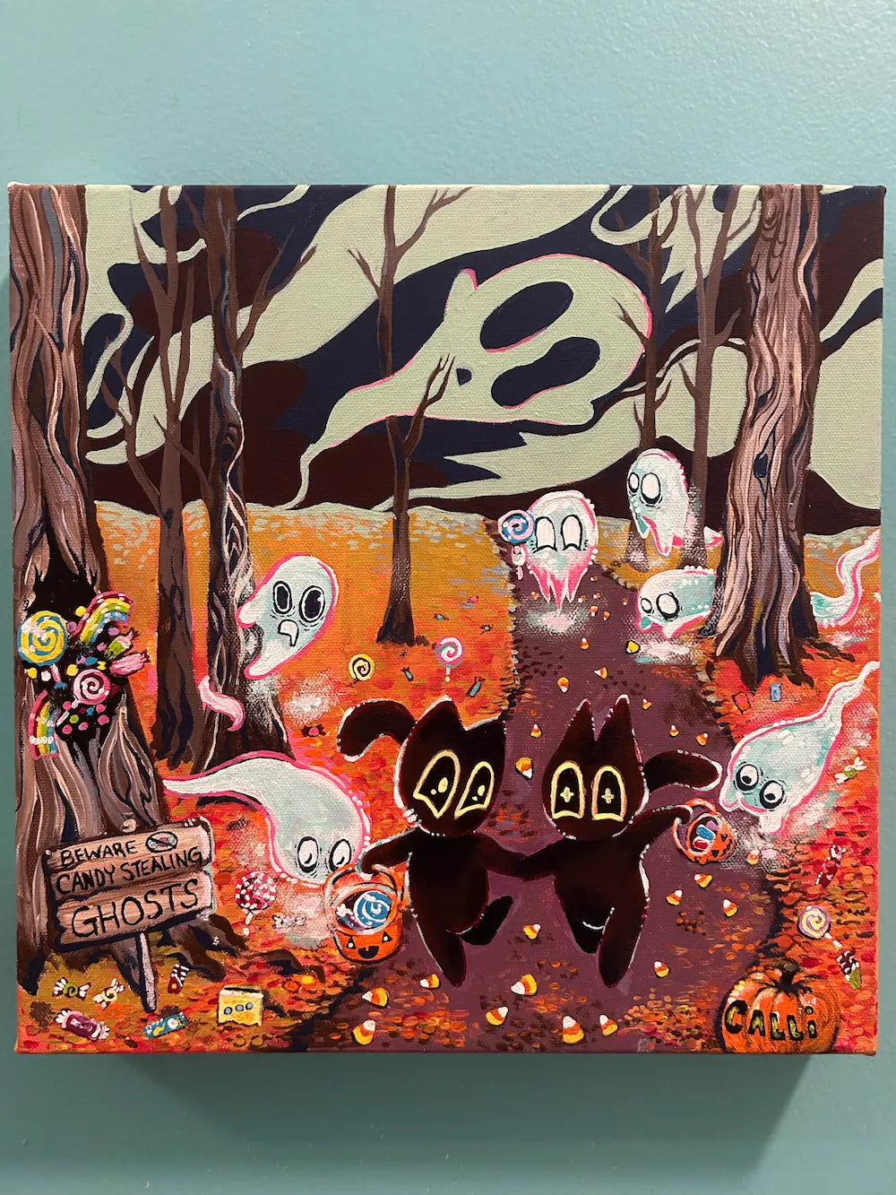 "Candy Stealing Ghosts", 12" x 12" Original Painting, Trick or Treating Black Cats