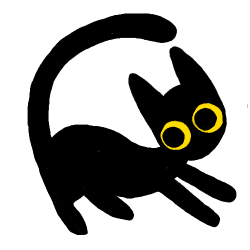 black cat doodle with extra long tail and yellow side-eyes