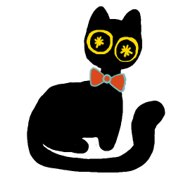 black cat doodle with starry yellow eyes and red bow tie