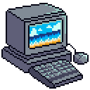 Pixel art of a retro PC with an ocean on the screen