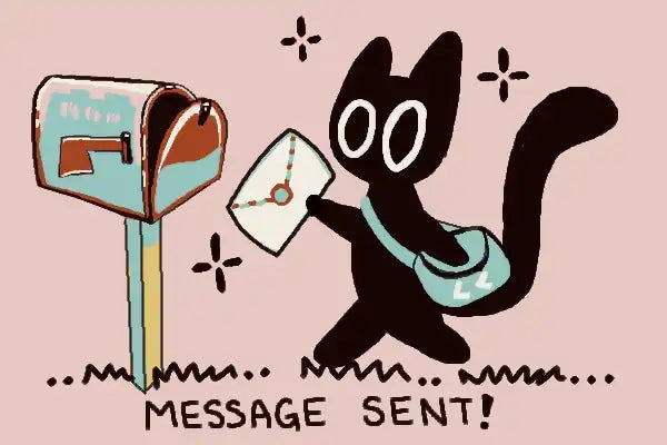 cartoon cat delivering an envelope to a mailbox with text "MESSAGE SENT"