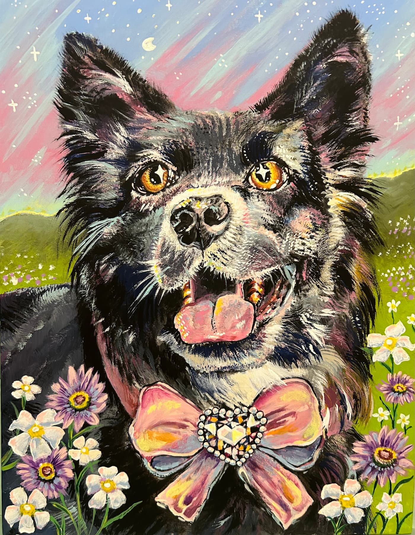 Colorful painting of a dog with a bow tie surrounded by flowers