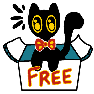 Cartoon black cat with a red bow tie in a box labeled 'FREE'.