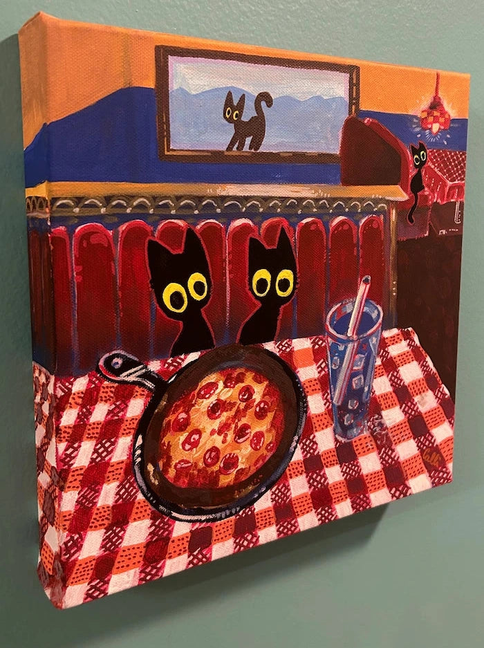 Original acrylic painting with two cats on a pizza date.