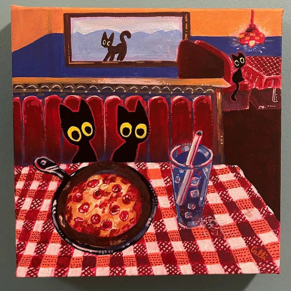 Canvas print of two cats enjoying pizza and a drink on a checkered tablecloth.