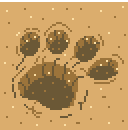 Pixel art of a pawprint imprinted into the sand