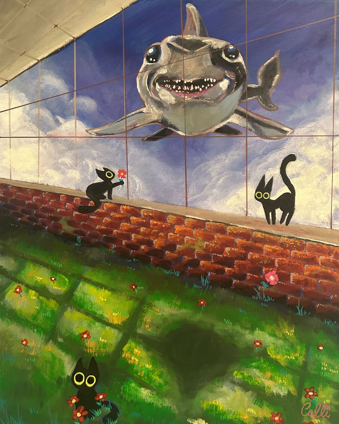 "Shark", 16" x 20" Original Painting, Black Cats and Shark